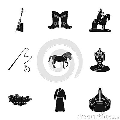 Mongolian national characteristics. Icons set about Mongolia.Clothing, soldiers, equipment. Mongolia icon in set Vector Illustration