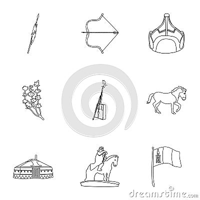 Mongolian national characteristics. Icons set about Mongolia.Clothing, soldiers, equipment. Mongolia icon in set Vector Illustration