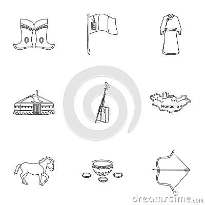 Mongolian national characteristics. Icons set about Mongolia.Clothing, soldiers, equipment. Mongolia icon in set Vector Illustration