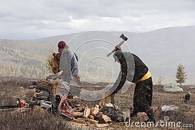 Mongolian nomad men cutting firewood Stock Photo