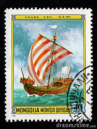 Mongolian post stamp dedicated to sea ship. Ancient sail boat Editorial Stock Photo