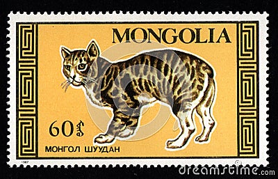 Mongolian postage stamp dedicated to thoroughbred cat. Feline Editorial Stock Photo