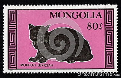 Mongolian postage stamp dedicated to thoroughbred cat. Feline Editorial Stock Photo
