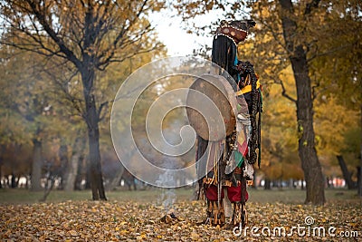 Mongolian shaman performing a ritual Stock Photo