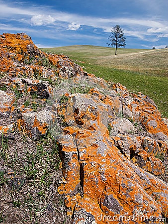 Mongolian steppe with colorful rocks Stock Photo