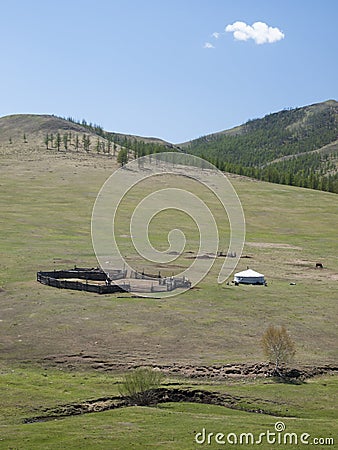 Mongolian steppe with ger Stock Photo