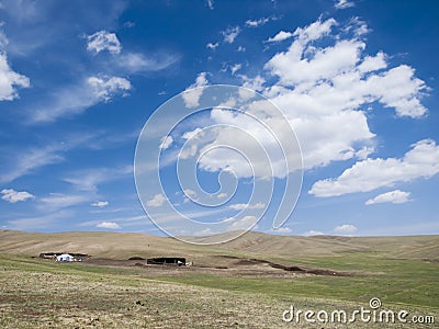 Mongolian steppe with ger Stock Photo