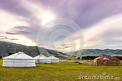 Mongolian yurts on central Mongolian steppe Stock Photo