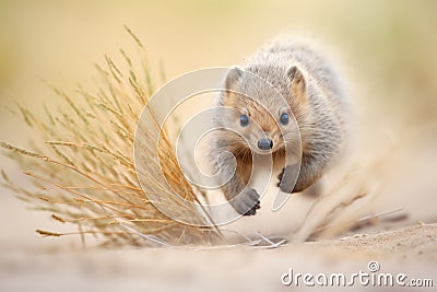 mongoose pouncing on prey in desert bush Stock Photo