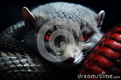 Mongoose Snake. Close-up view of cobra scales wrapped around a mongoose. Epic wildlife moment. Wildlife clash. AI generated. Stock Photo