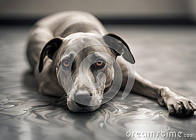 Mixed breed dog lying on the ground. Stock Photo