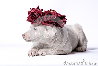 mongrel puppy of white color in a wreath of artificial roses lies on a white background Stock Photo