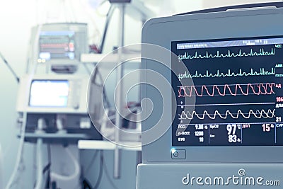 Monitor equipment with vital parameters in ICU Stock Photo