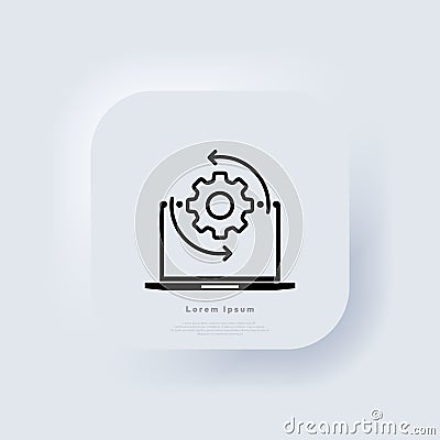 Monitor and gears icon. Adjusting app, setting options. IT support, software development, desktop upgrade and update. Neumorphic Vector Illustration