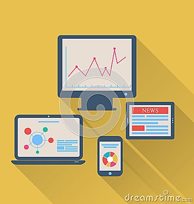 Monitor, laptop, tablet computer, and mobile phone, flat icons w Vector Illustration