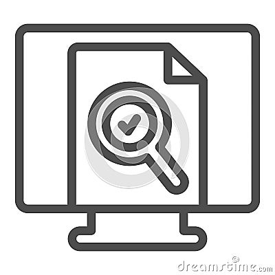 Monitor monoblock with document file and loupe line icon, documents concept, web page vector sign on white background Vector Illustration