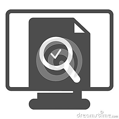 Monitor monoblock with document file and loupe solid icon, documents concept, web page vector sign on white background Vector Illustration
