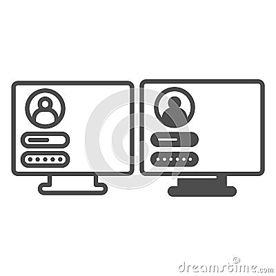 Monitor monoblock with user login page line and solid icon, computer concept, authorization vector sign on white Vector Illustration