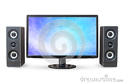 Monitor PC sky landscape and sound woofer isolated on white back Stock Photo