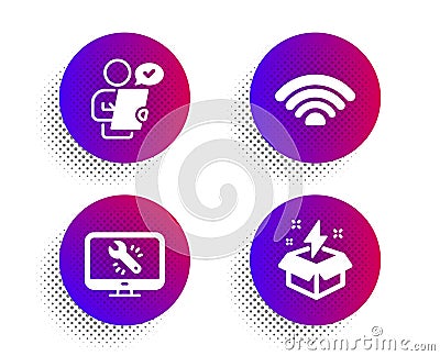 Monitor repair, Wifi and Customer survey icons set. Creative idea sign. Vector Vector Illustration