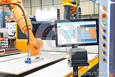 Monitor of robot manipulator wood working machine Stock Photo