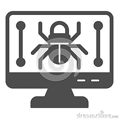 Monitor screen and beetle solid icon, hacker attacks concept. Vector graphics. Display with bug, computer virus sign on Vector Illustration