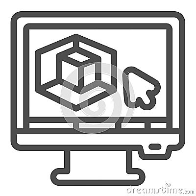 Monitor screen with 3D graphics program line icon, design recruitment concept. Vector graphics. 3D designer job display Vector Illustration