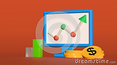 Monitor screen with financial chart, multicolored chart columns and stylized coins with dollar symbol on red background. 3D Stock Photo