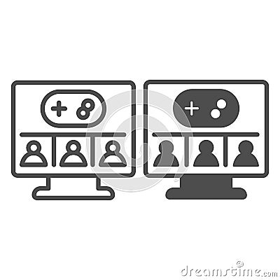 Monitor screen with users and joystick line and solid icon, neural dataset concept. Vector graphics. Display and Vector Illustration