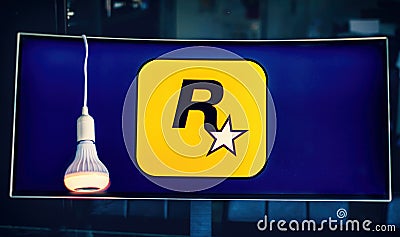 monitor logo Rockstar Games software house producer of video games, famous for Grand Theft Auto and Red Dead Redemption Editorial Stock Photo