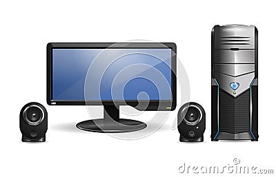 Monitor with speakers and computer system unit Vector Illustration