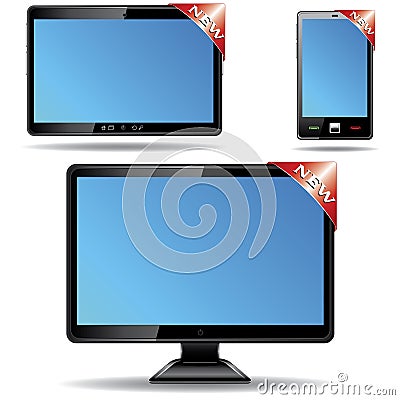 Monitor, tablet and smart phone with label Vector Illustration