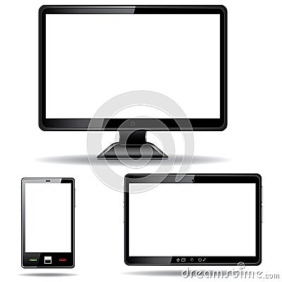 Monitor, tablet and smart phone on white Vector Illustration