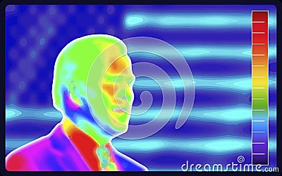 Vector graphic of Thermographic image of a man face showing different temperatures on blurred background. Vector Illustration