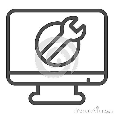 Monitor with wrench line icon, pcrepair concept, monitor with wrench vector sign on white background, monitor outline Vector Illustration