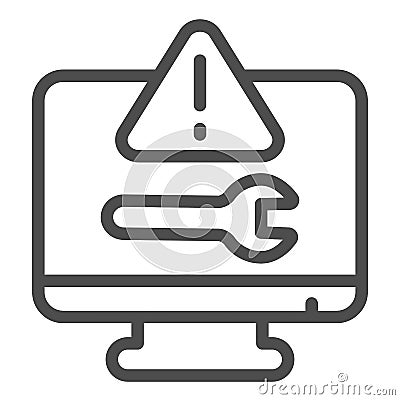 Monitor wrench and warning triangle line icon, pcrepair concept, monitor vector sign on white background, warning Vector Illustration