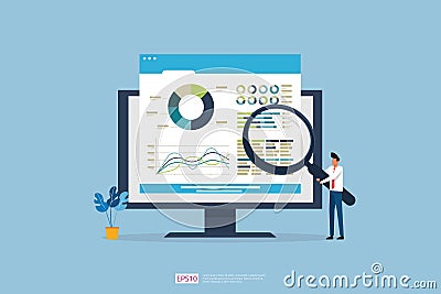 Monitoring and analysis report statistics, investment, website SEO screen PC monitor with tiny people concept. business people and Vector Illustration