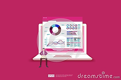 Monitoring and analysis report statistics, investment, website SEO screen PC monitor with tiny people concept. business people and Vector Illustration