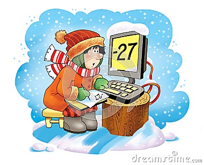 Monitoring the cartoon figure winter humor Stock Photo