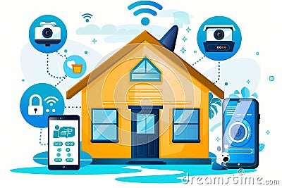 Monitoring protocols in smart homes manage remote camera systems, safeguarding spatial settings with wireless cameras and protecti Cartoon Illustration