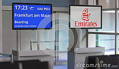 Flight from Amsterdam to Frankfurt am Main, airport terminal gate. Editorial 3d rendering Editorial Stock Photo