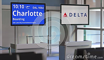 Flight from Salt lake city to Charlotte, airport terminal gate. Editorial 3d rendering Editorial Stock Photo