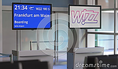 WIZZ AIR flight from Sofia airport to Frankfurt am Main. Editorial 3d rendering Editorial Stock Photo