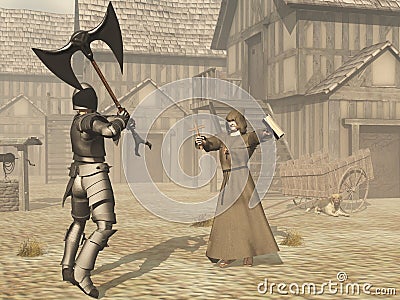 Monk defies armoured knight with cross and bible Stock Photo