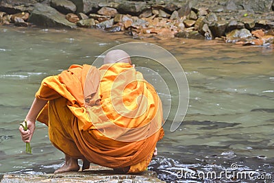 Monk feeding fish soft focus Stock Photo