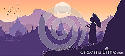 Monk hold umbrella on cliff and looks for pagoda sea Vector Illustration