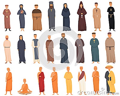 Monk icons set cartoon vector. Catholic friar Vector Illustration