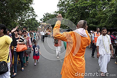 A monk of ISCON is dancing in the eve of Ratha Yatra Editorial Stock Photo