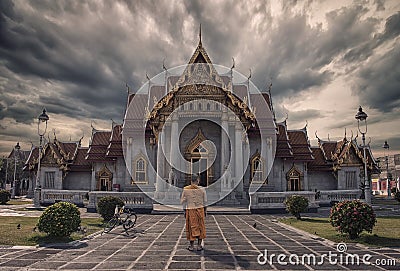 Monk in Marble Temple in Bangkok Editorial Stock Photo