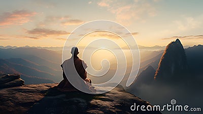 Monk meditating calmly in the mountains during sunrise Stock Photo